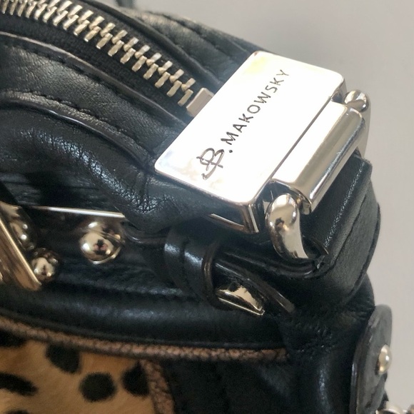 B. Makowsky Black Leather & Leopard Calf Hair Satchel Handbag - Picture 7 of 15